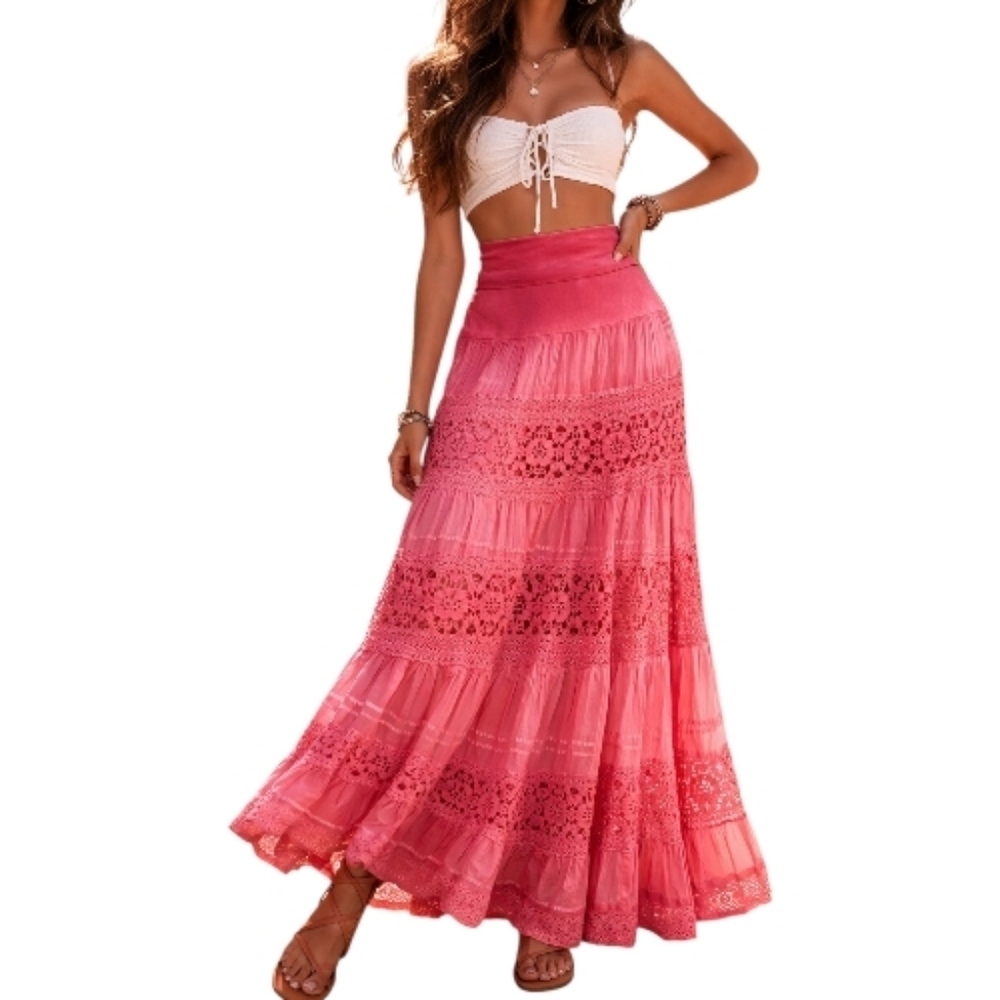 CUTE OPTIONS Pink Ombre Lace Circle Peasant Gypsy Festival Maxi Skirt